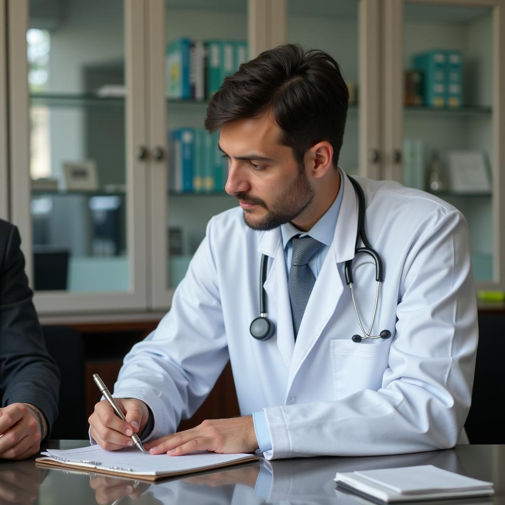 A doctor in Pakistan writing a prescription for cefixime