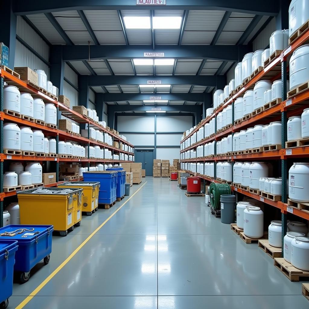 Chemical Supplier Warehouse in Pakistan: A well-organized warehouse with labeled chemical containers and safety equipment.