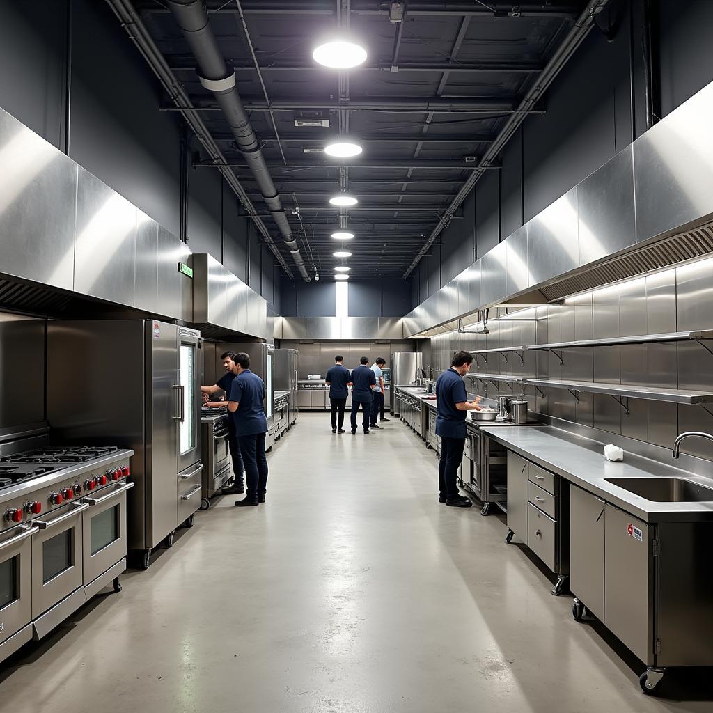 Commercial Kitchen Equipment Suppliers in Pakistan showcasing a variety of equipment like ovens, stoves, refrigerators, and prep tables.