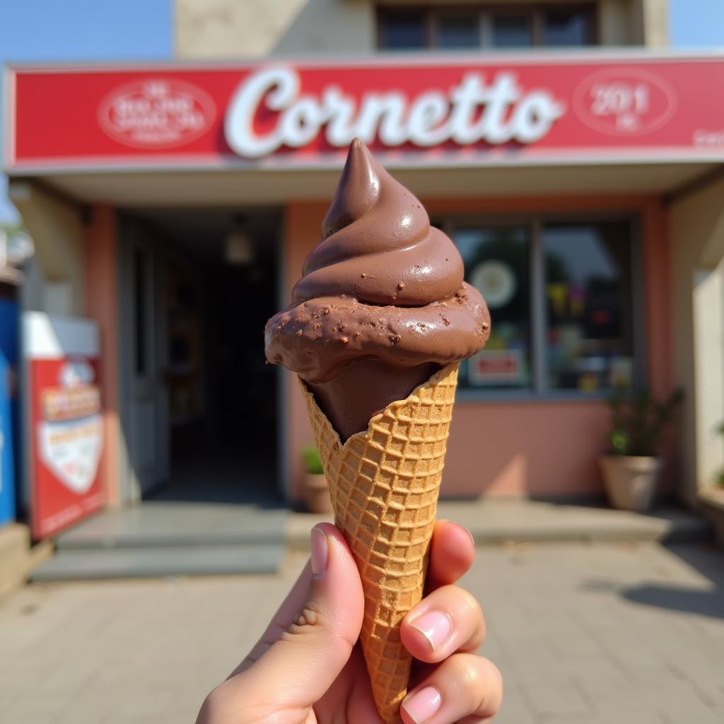 Cornetto Double Chocolate Price in Pakistan - A person holding a Cornetto Double Chocolate ice cream in front of a Pakistani store.