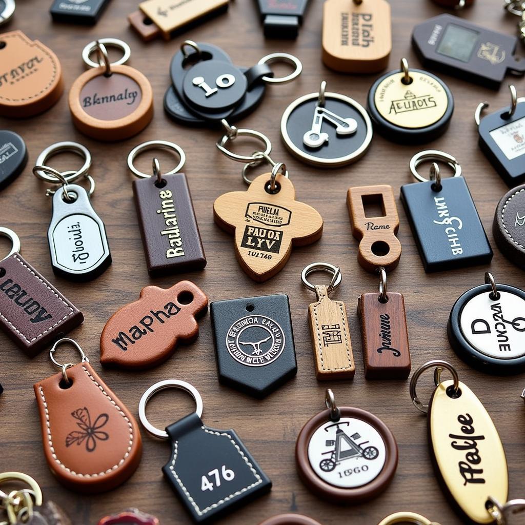 A variety of customized keychains available in Pakistan, showcasing different materials, shapes, and personalization options.