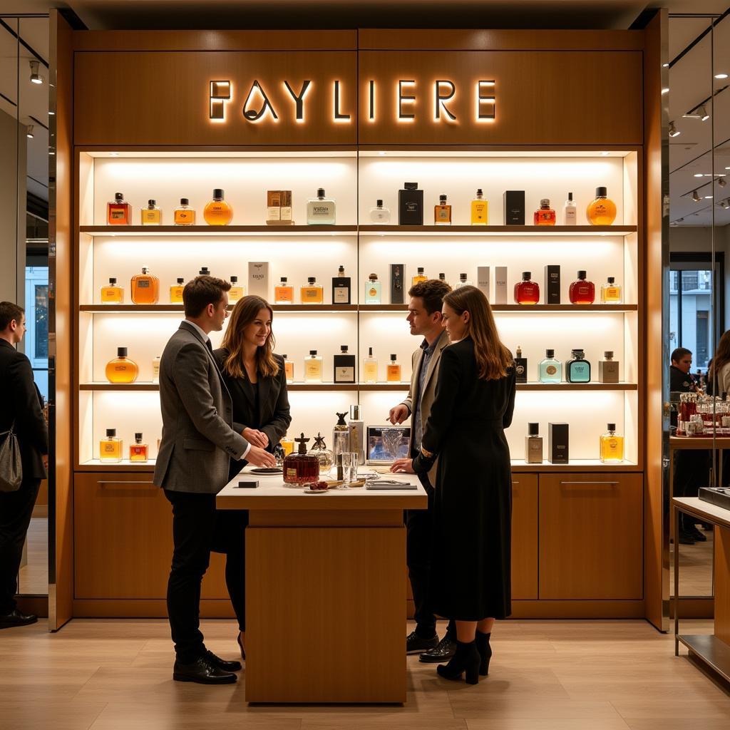 A perfume counter in a departmental store, showcasing a wide selection of fragrances.