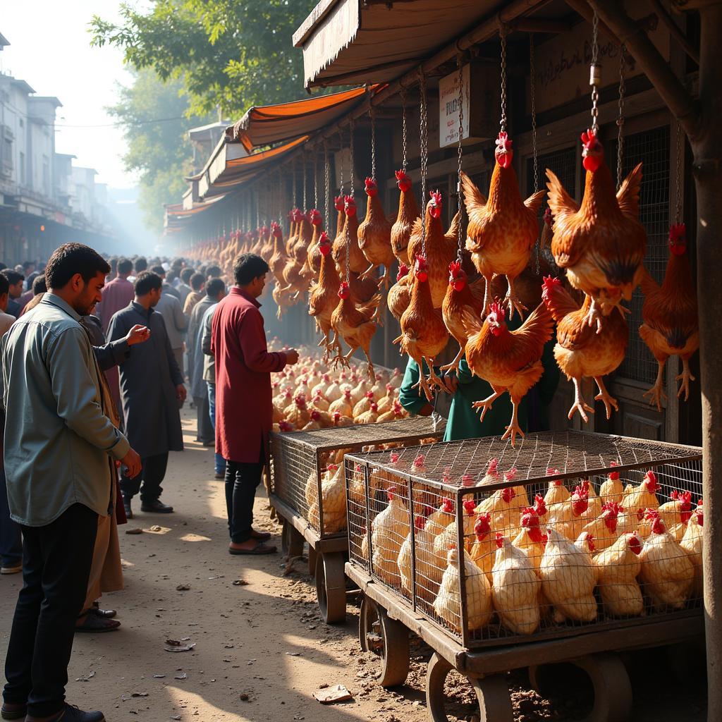 Desi chicken market scene in Pakistan, showing vendors selling live birds and customers inspecting them.