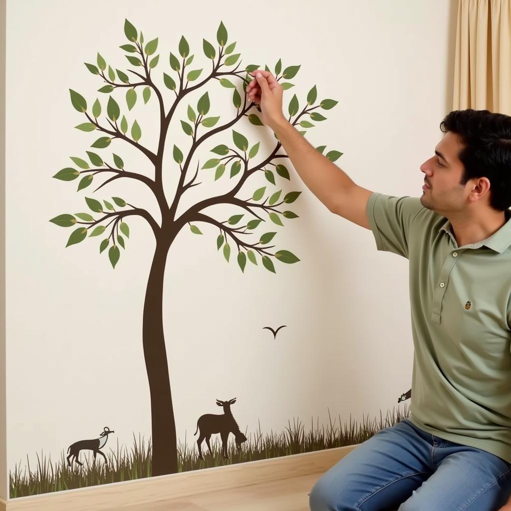 A DIY wall decal project in progress in a Pakistani home