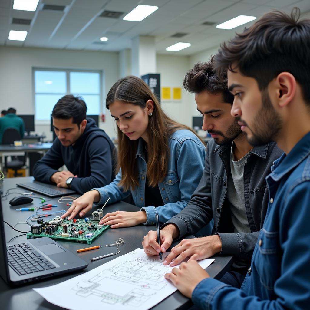 Electrical engineering students working on a project in a Pakistani university lab