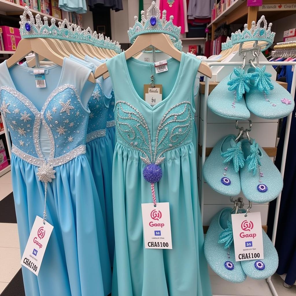 Various Elsa dress accessories like tiaras, wands, and shoes displayed in a shop in Pakistan.