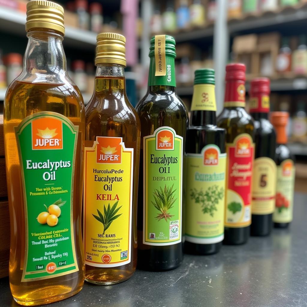 Eucalyptus oil bottles displayed in a Pakistani market