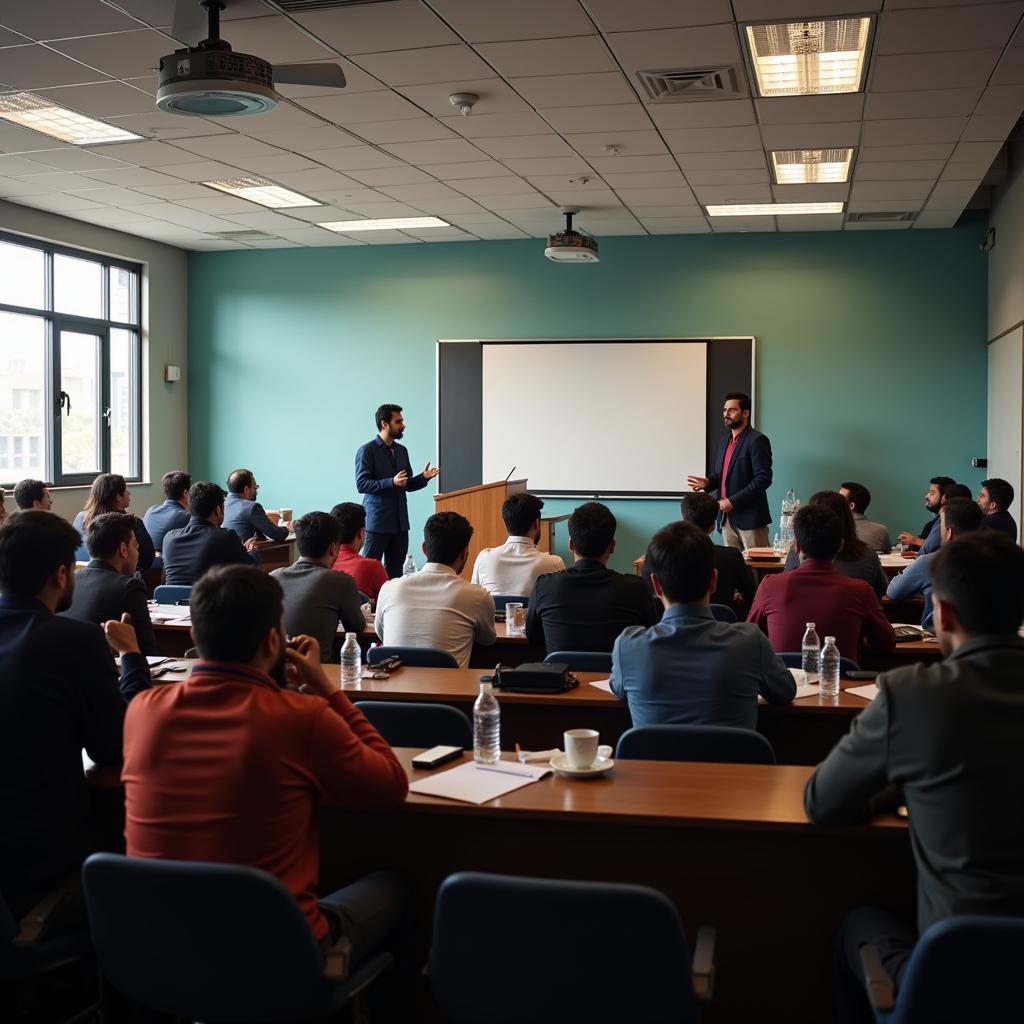 Faculty members teaching in a university lecture hall in Pakistan