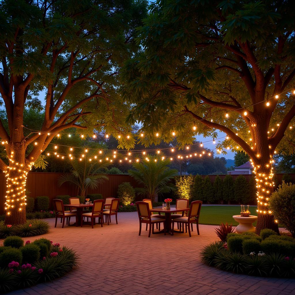 String lights creating a festive atmosphere in a Pakistani garden