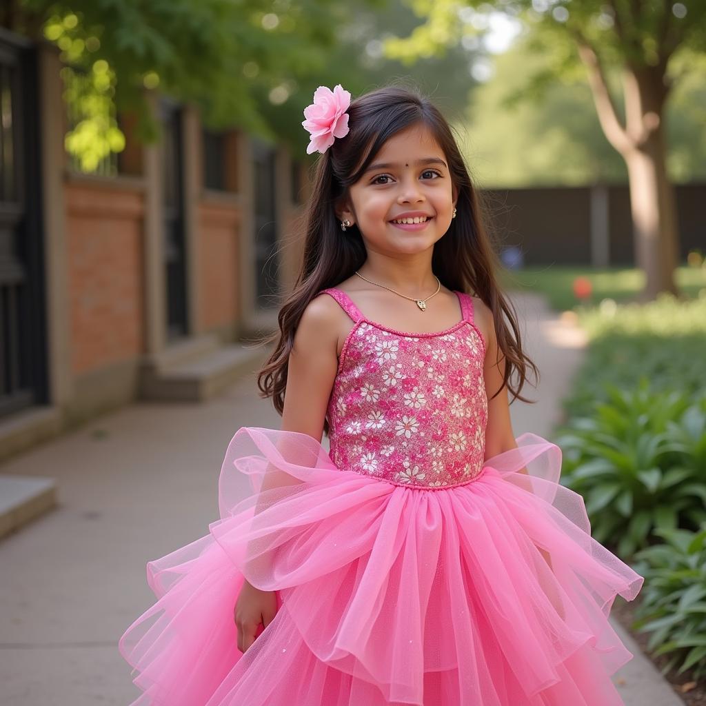 A young girl happily wearing a Barbie frock in Pakistan