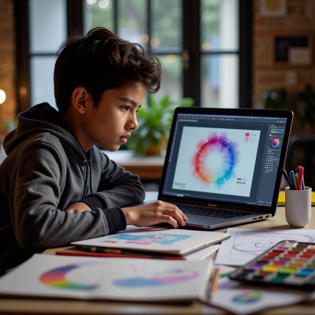 A Pakistani student working on a graphic design project on their laptop.