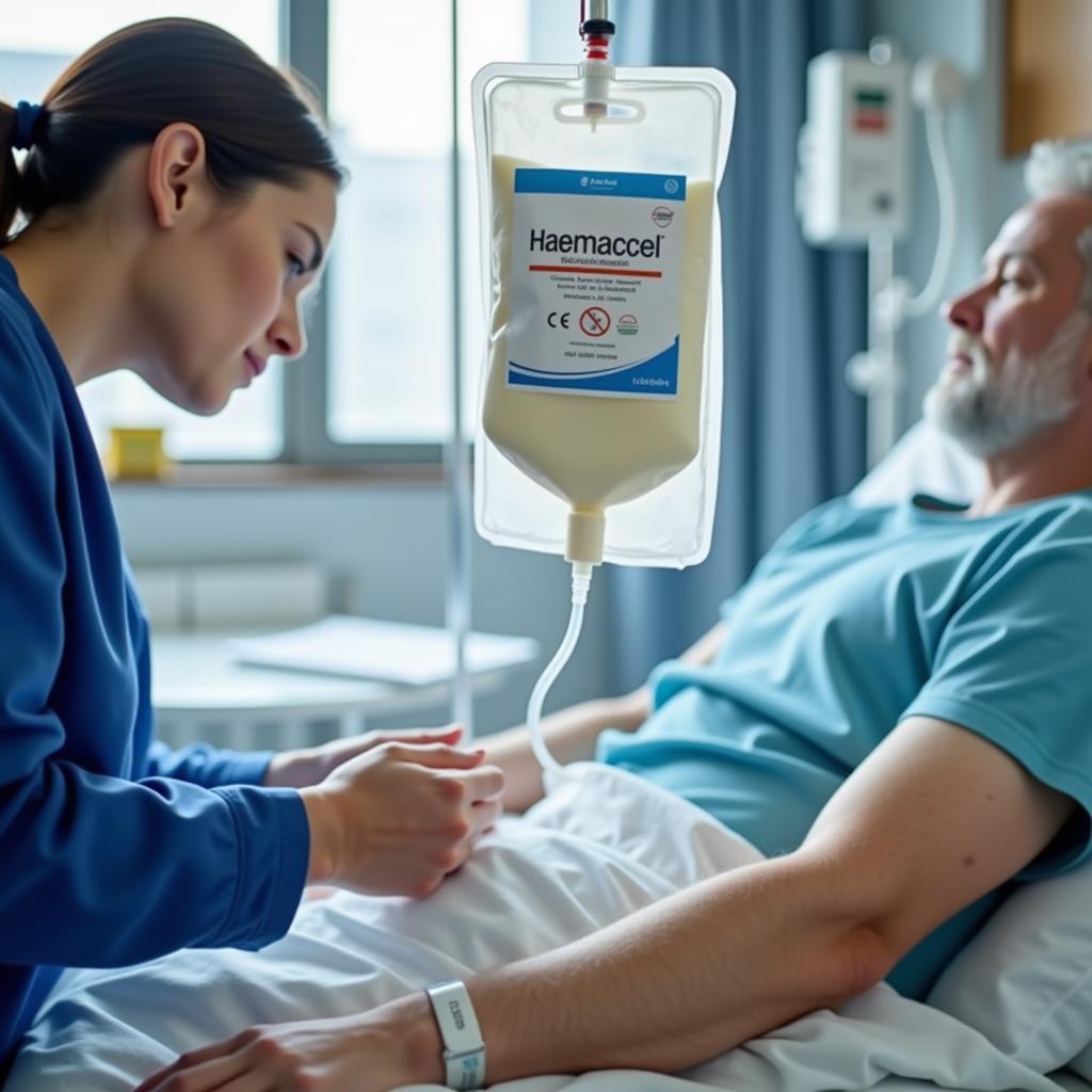 Haemaccel drip being administered to a patient in a hospital setting