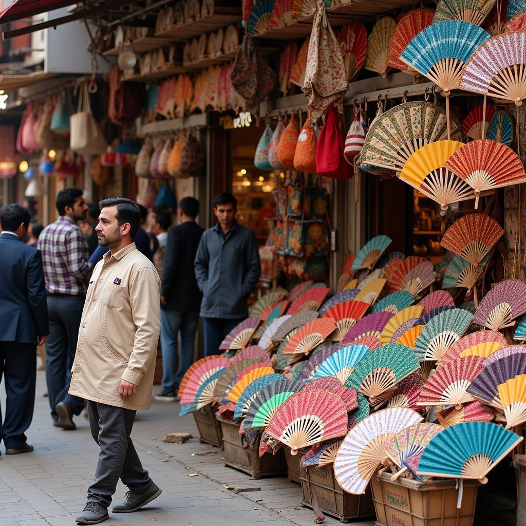 A vibrant Pakistani market scene with vendors selling colorful hand fans.