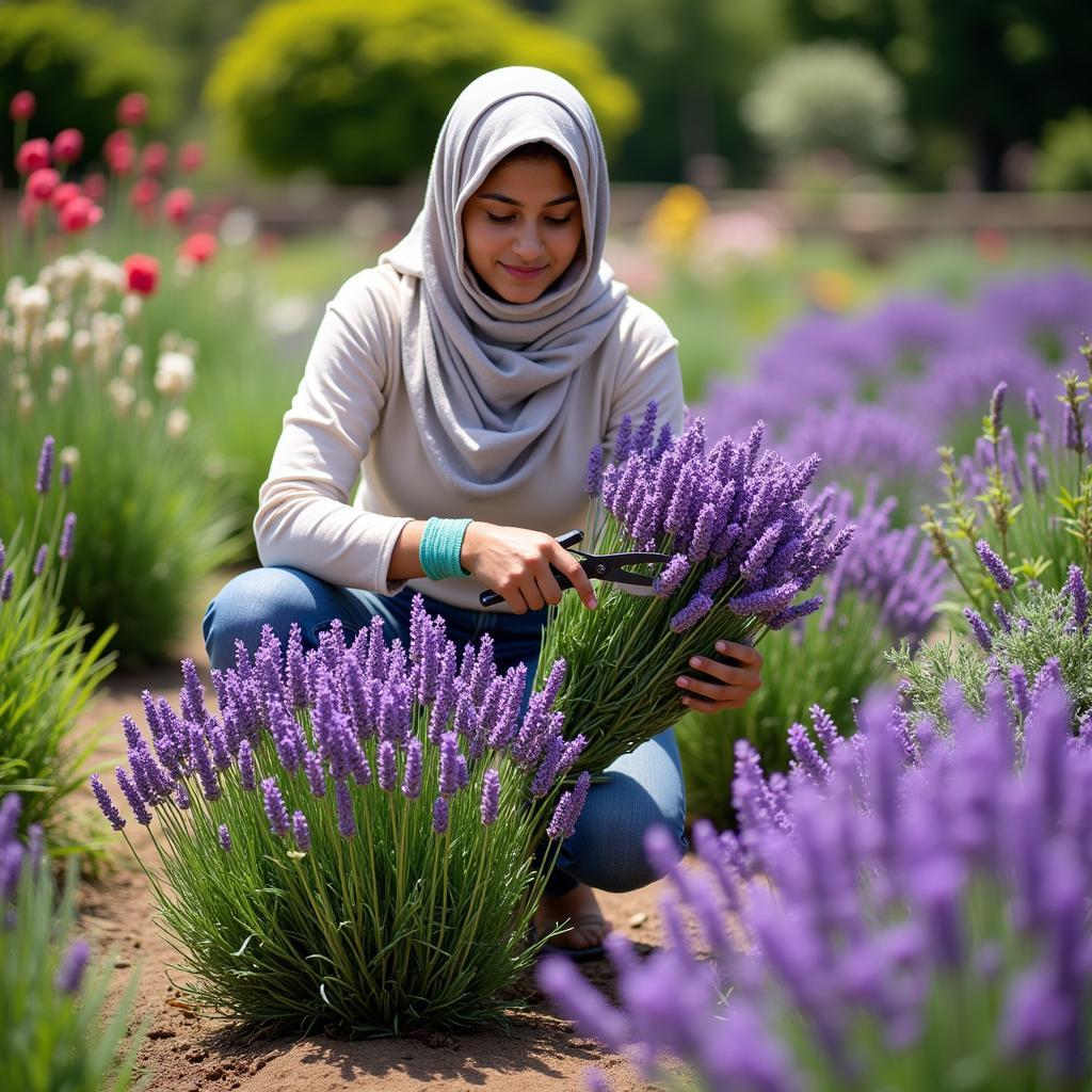 Harvesting Lavender Flowers in a Pakistani Garden