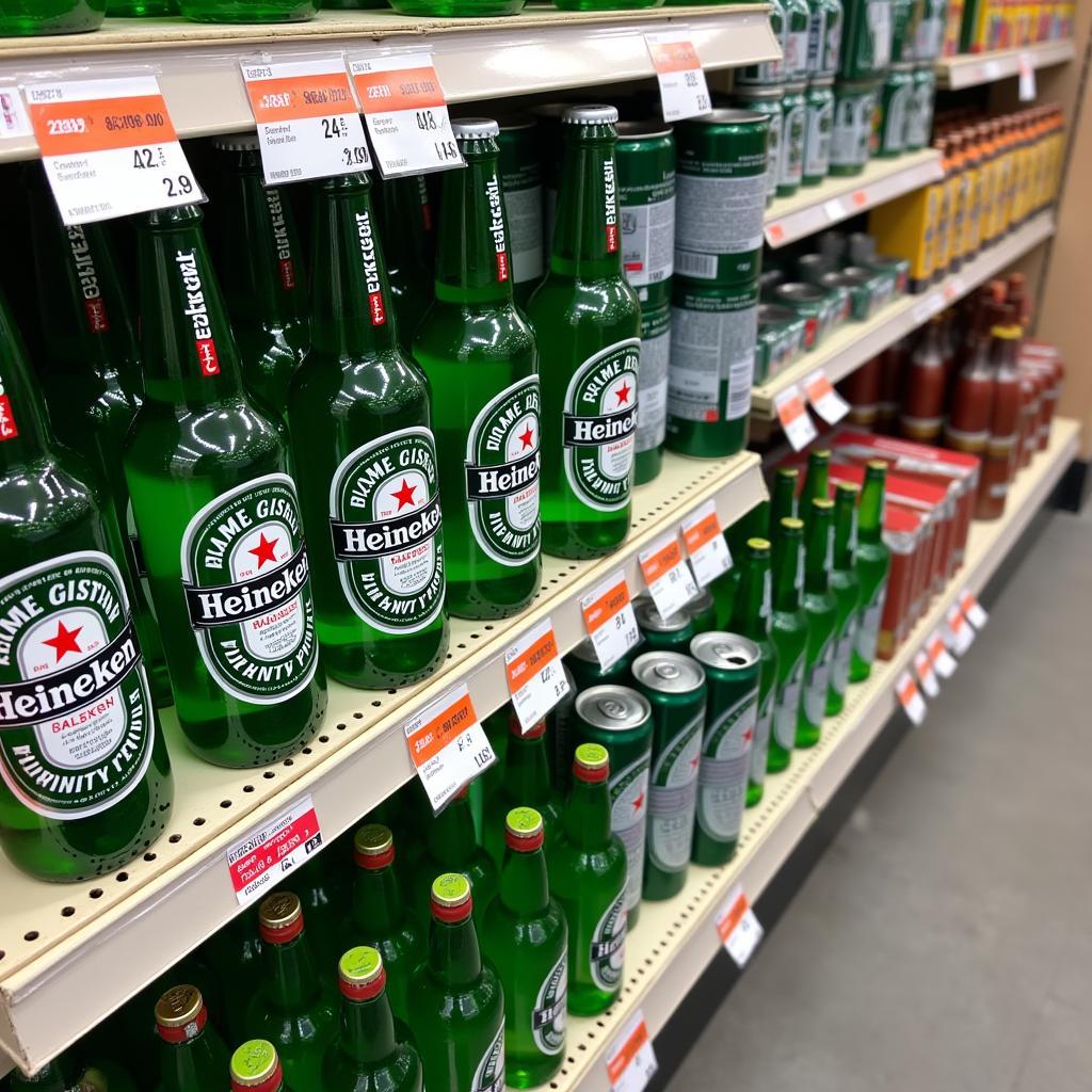 Heineken beer bottles and cans displayed in a Pakistani store with price tags.