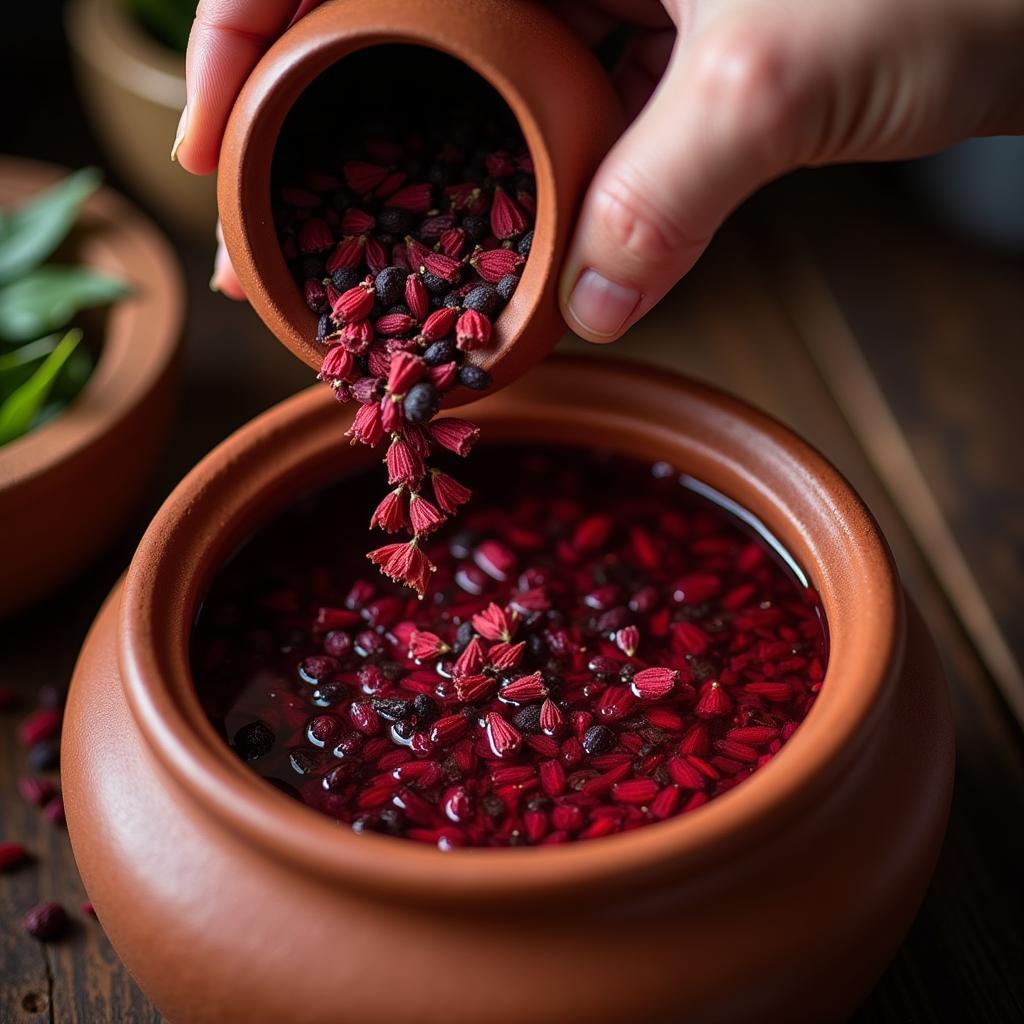 Preparing hibiscus tea in a Pakistani kitchen