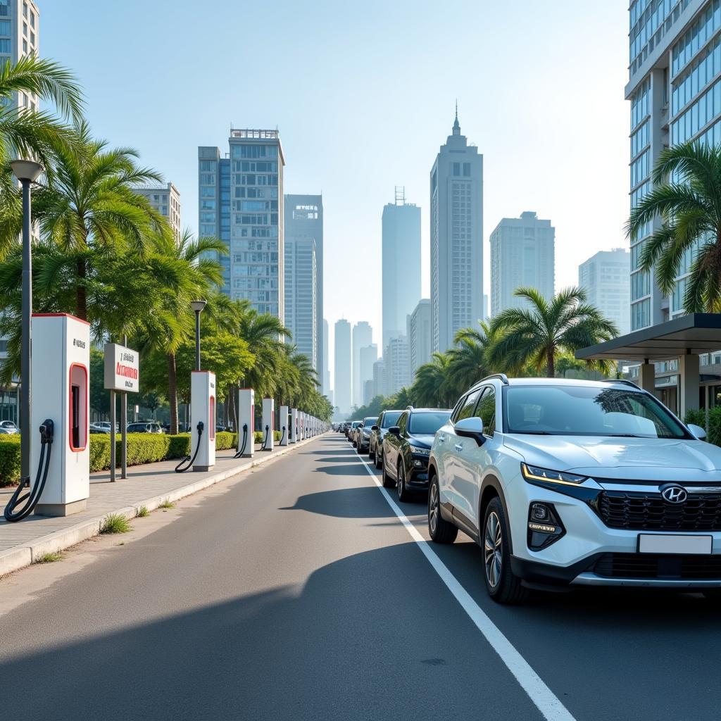 Hybrid cars parked near charging stations in Pakistan