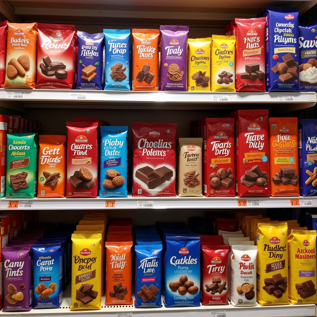 Imported chocolates displayed on a shelf in a Pakistani store