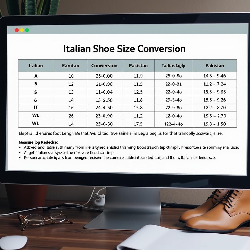 Italian shoe size conversion chart displayed on a computer screen in Pakistan.