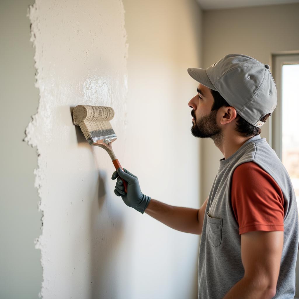 A painter applying Jotun paint to a wall in Pakistan