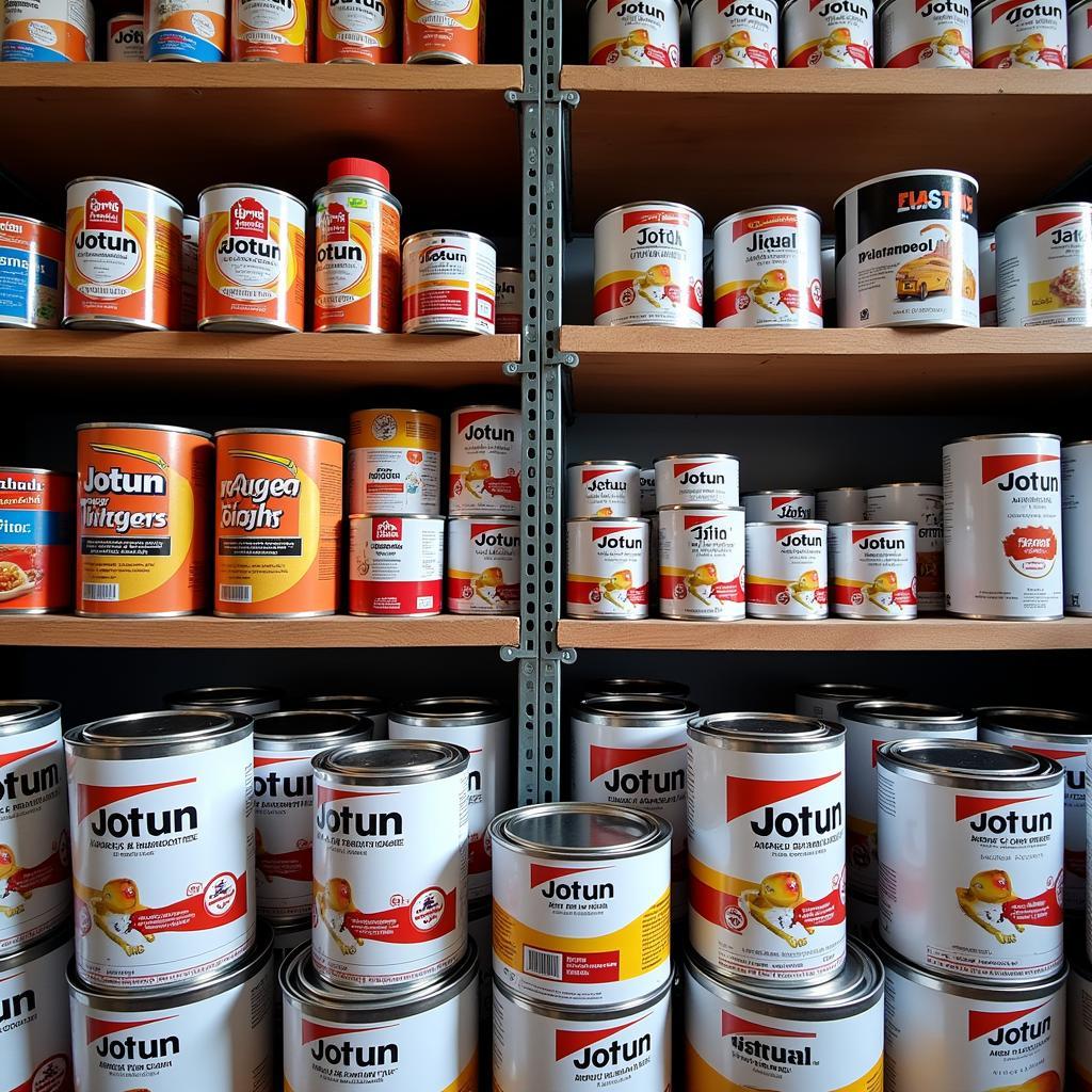 Jotun paint cans stacked on a shelf in a Pakistani hardware store