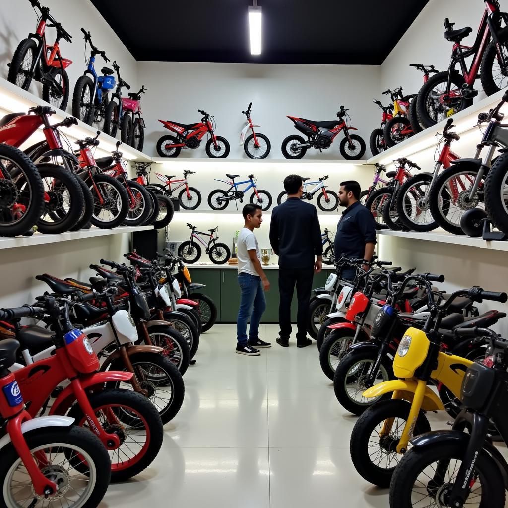 Children's electric bikes displayed in a Pakistani shop, showing variety and models.