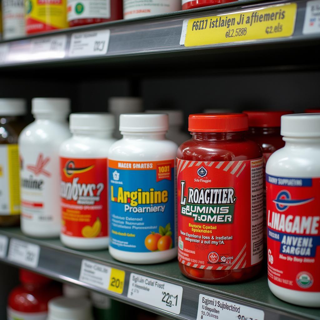 L arginine supplement bottles on display in a Pakistani pharmacy