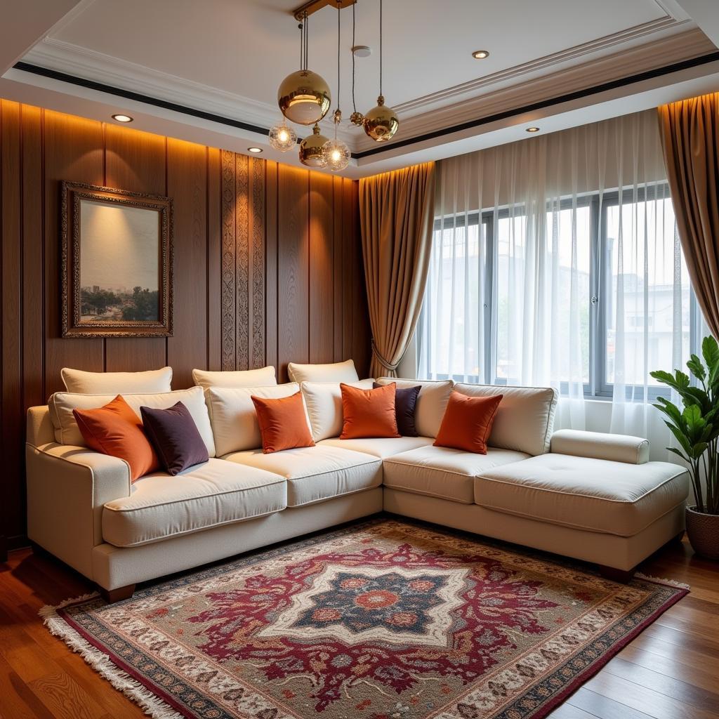 Modern L-shaped sofa in a Pakistani living room, showcasing local design trends and incorporating traditional elements