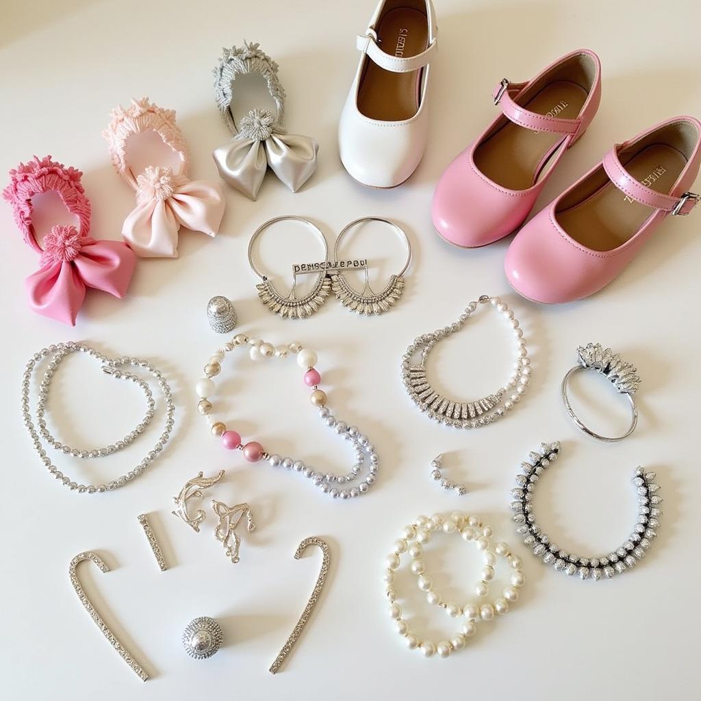 A variety of accessories for little girls, including shoes, jewelry, and hair ornaments.