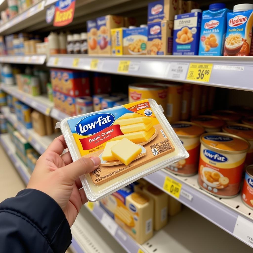 A shopper selecting low-fat cheese in a Pakistani supermarket.