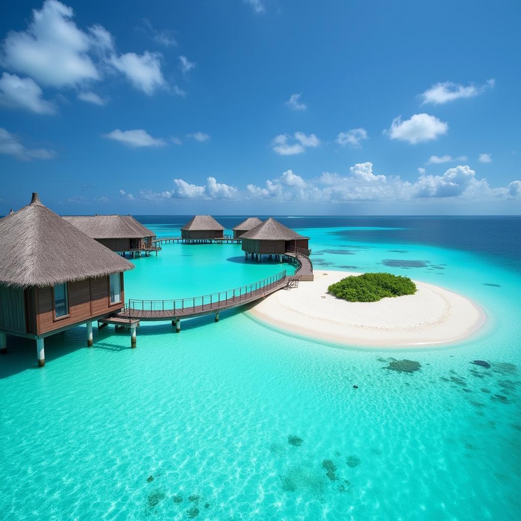 Maldives beach resort view from an overwater bungalow with crystal clear turquoise water, accessible from Pakistan.