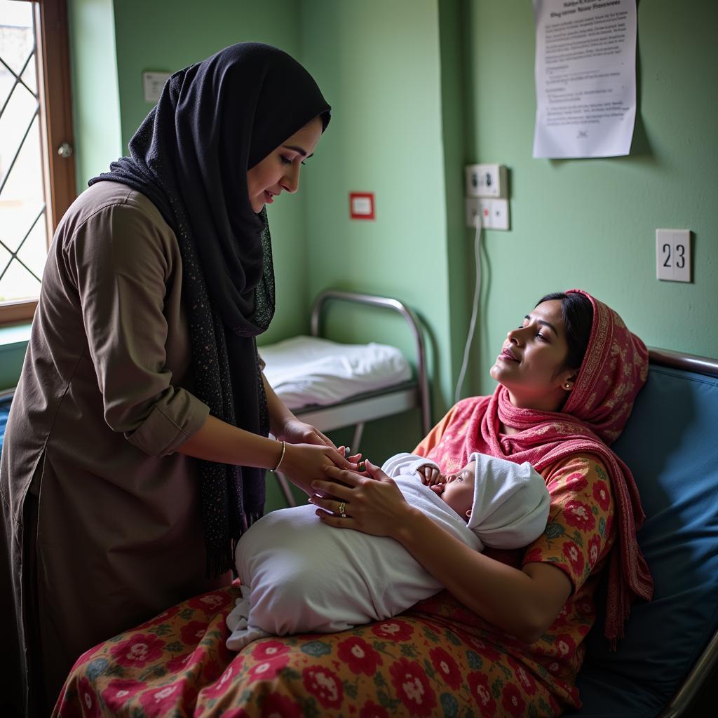 A qualified midwife assisting a woman during childbirth in a Pakistani hospital.