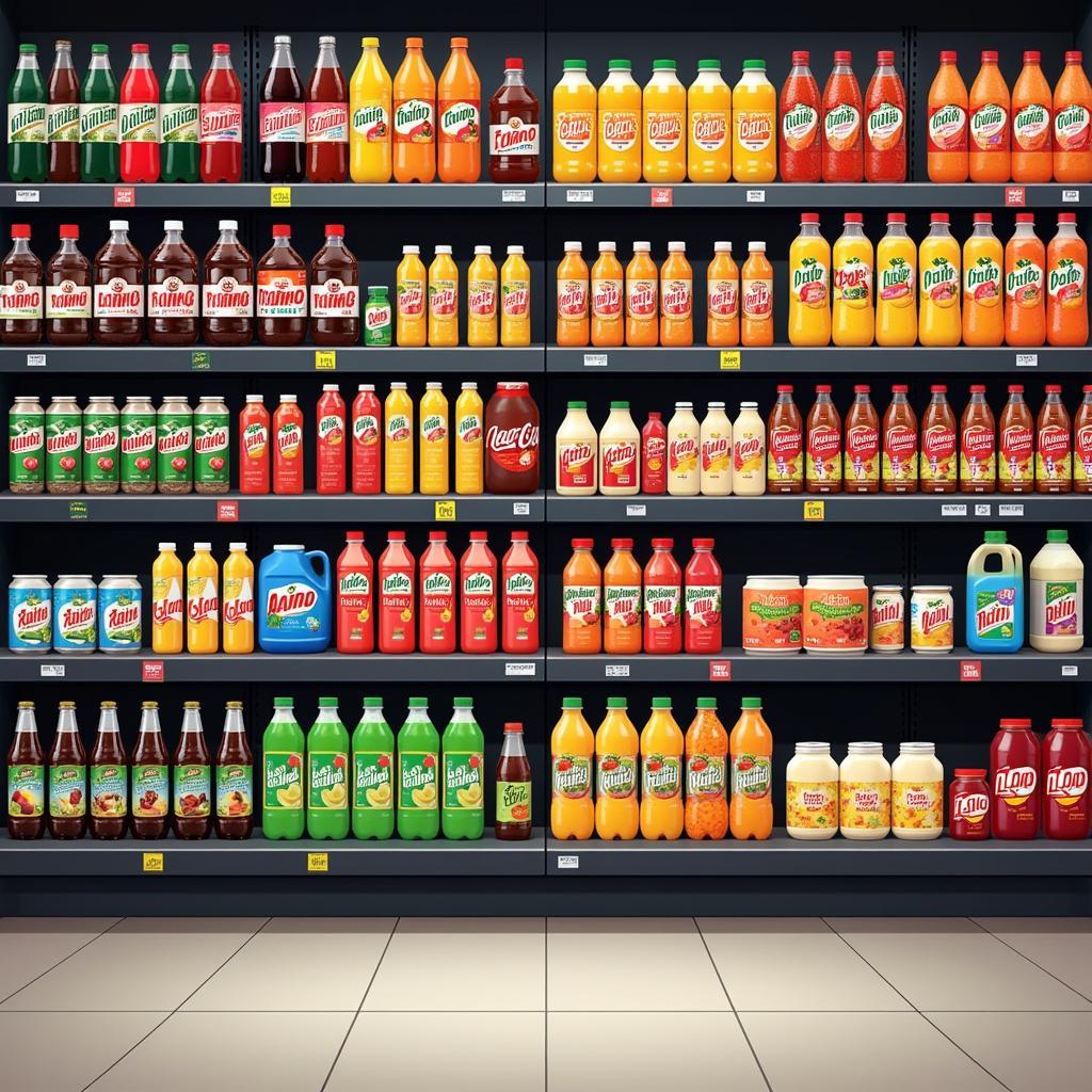 Bottles and cans of various modern Pakistani beverages lined up on supermarket shelves.