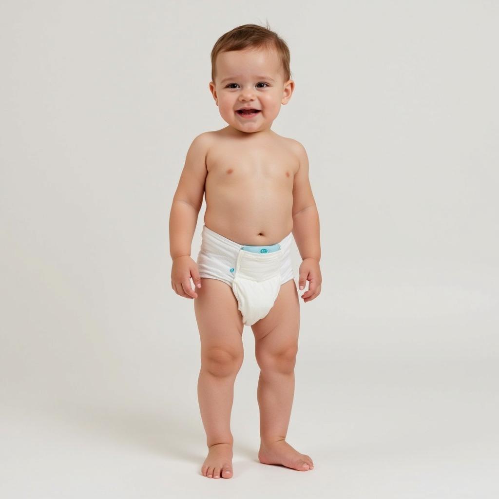 A happy baby wearing a Molfix size 1 diaper.