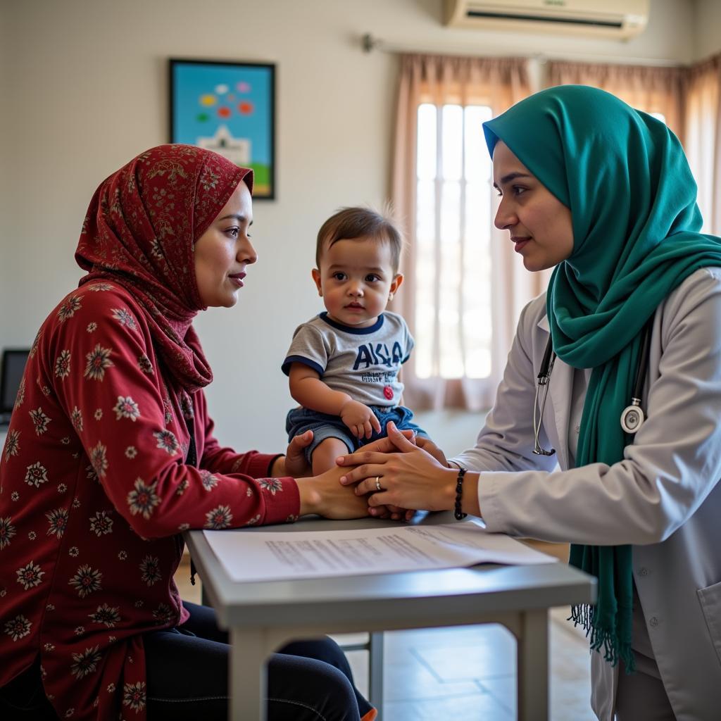 A mother holds her baby while consulting with a doctor at a vaccination clinic in Pakistan.