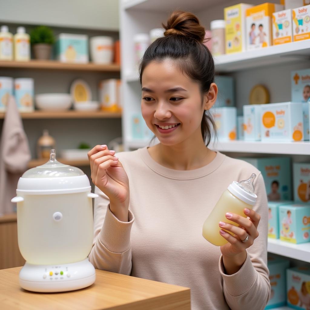 Mother selecting a feeder warmer in a store