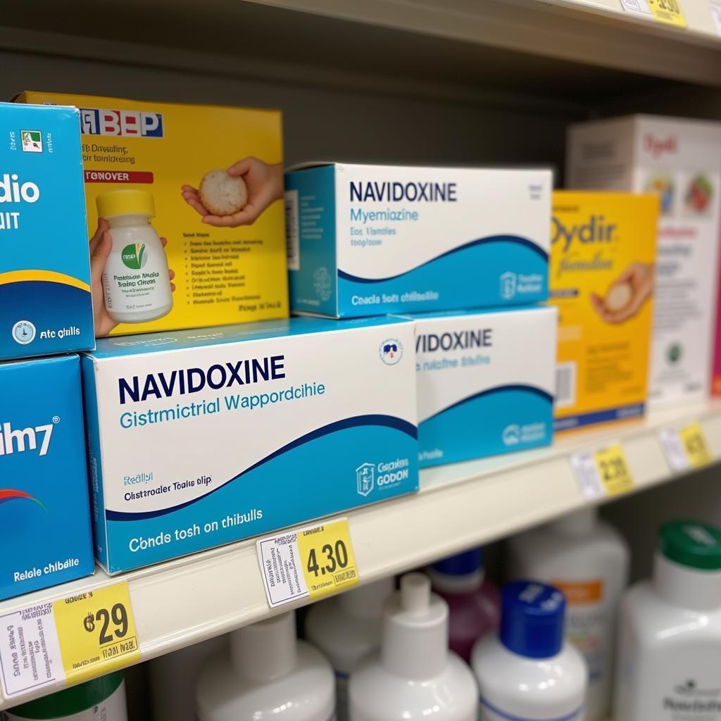 Navidoxine tablets displayed on a pharmacy shelf amongst other antiemetic medications.