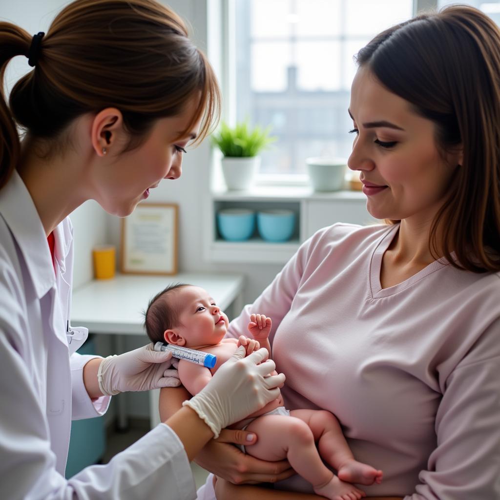 Newborn baby receiving a vaccination from a healthcare professional.