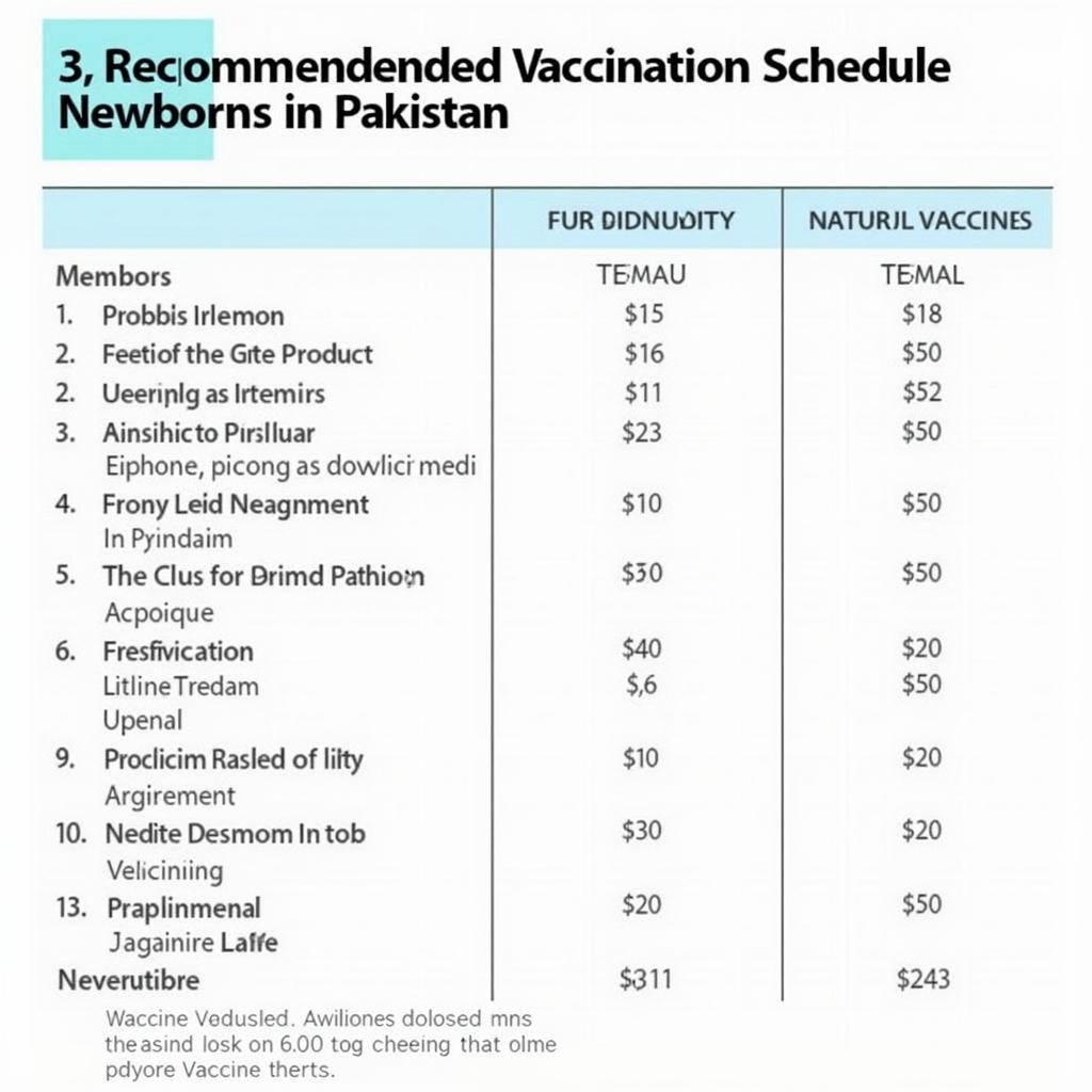 Newborn baby vaccination chart displaying the recommended schedule and approximate costs in Pakistan.