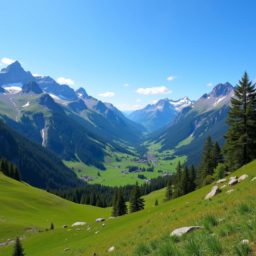 Lush green valleys and snow-capped peaks in the summer landscape of Northern Pakistan