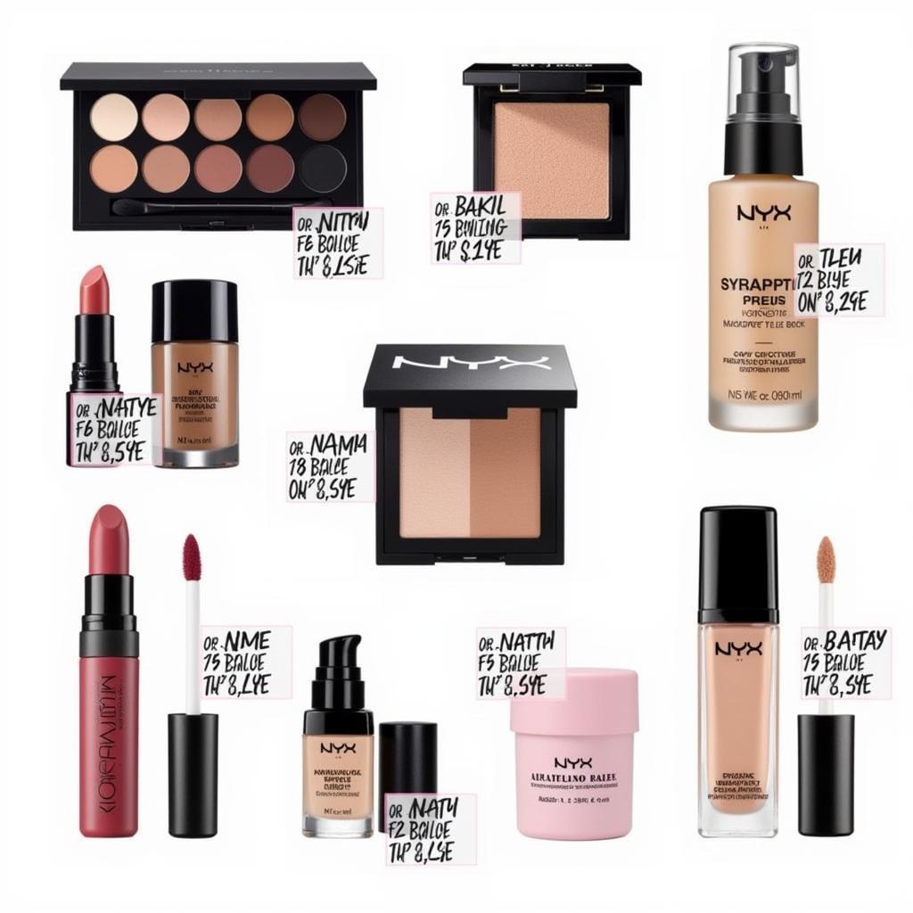 A variety of NYX makeup products arranged to showcase affordability.