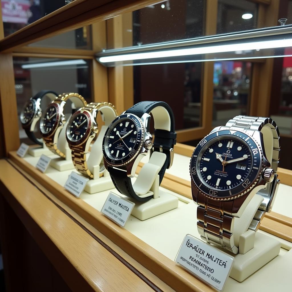 Omega Seamaster watches displayed in a Pakistani jewelry store, showcasing various models and price tags.