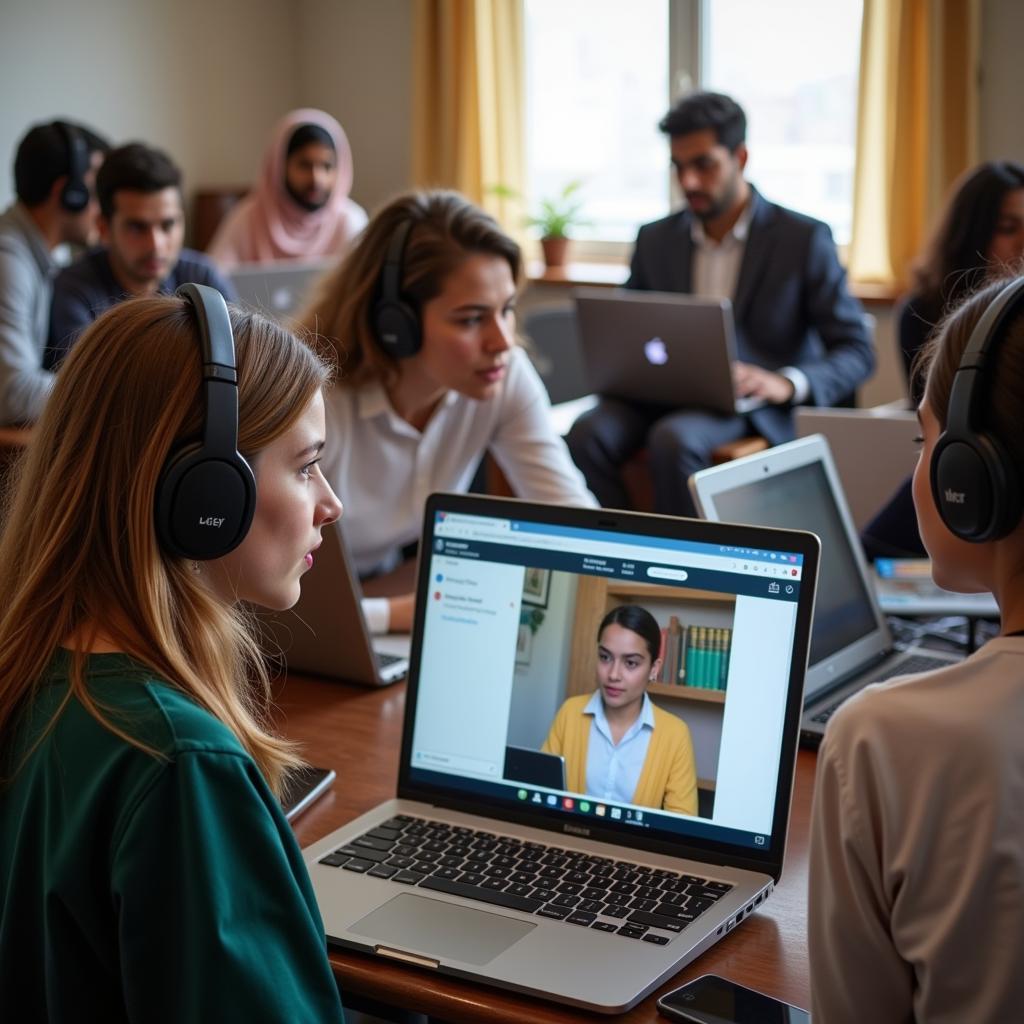 Students participating in an online English class in Pakistan