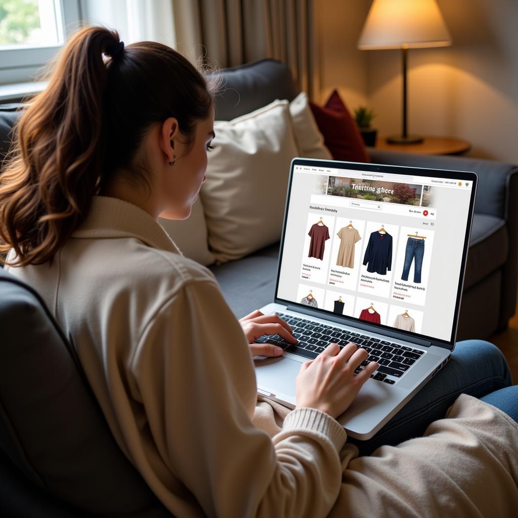 Online Thrift Store Pakistan: A woman browsing through clothes on a thrift store website.