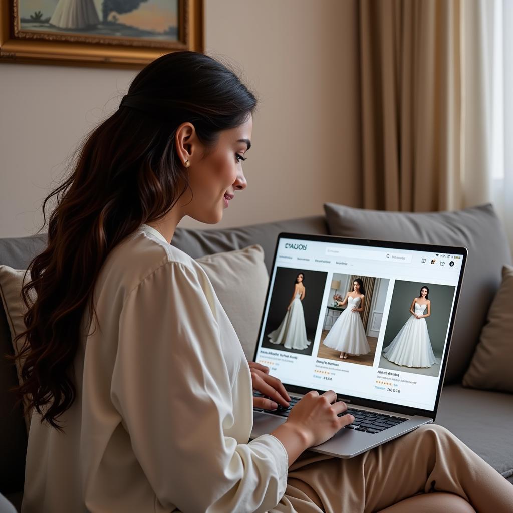 Online Wedding Dress Shopping in Pakistan: A bride browsing wedding dresses on her laptop.