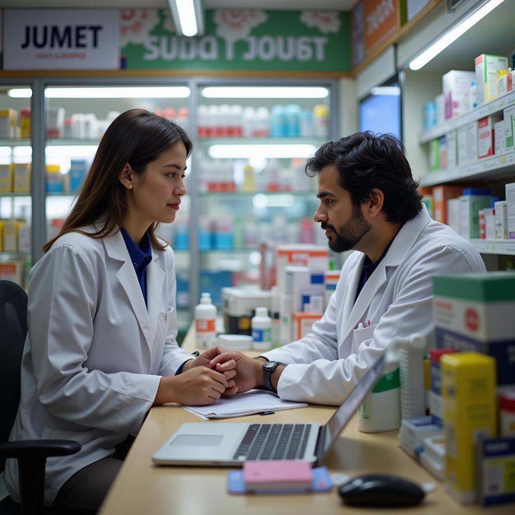 A pharmacist dispensing medication in a Pakistani pharmacy.