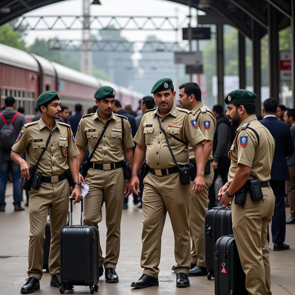 Pakistan Railway Police officers patrolling a train station and ensuring passenger safety.