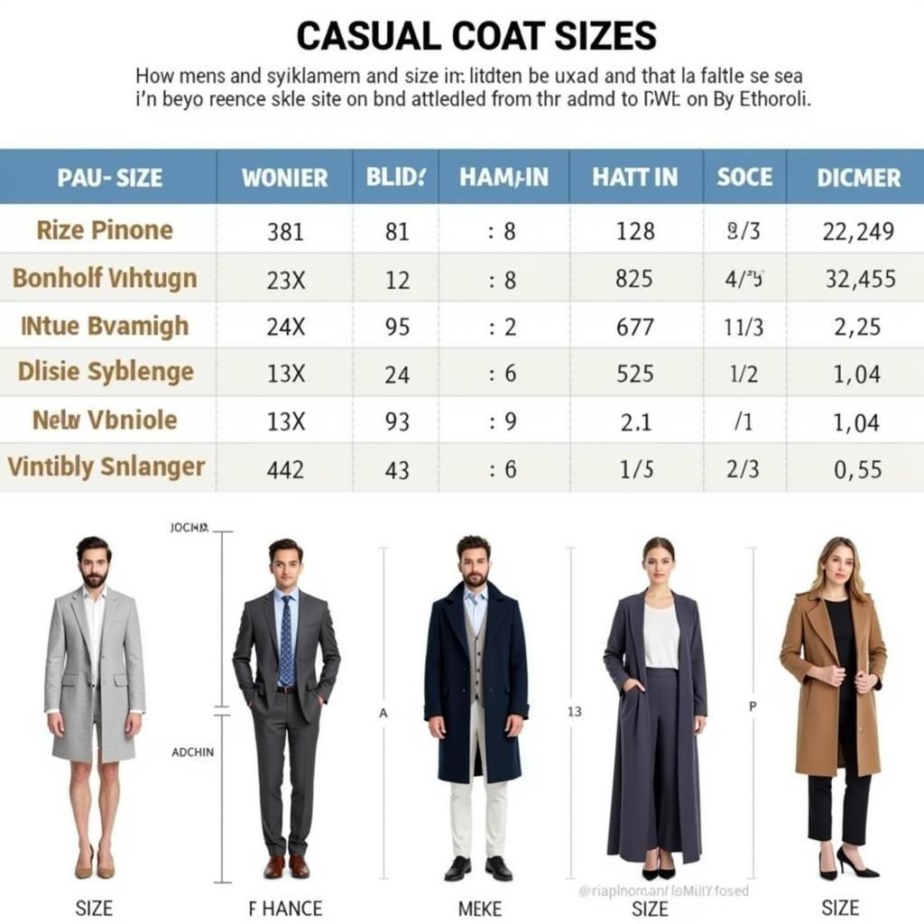 A sizing guide for casual coats in Pakistan, illustrating different body types and corresponding coat sizes.