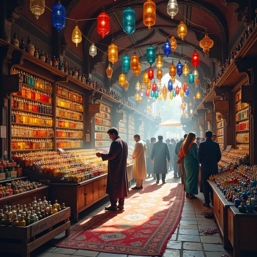 The bustling Pakistani fragrance market with various perfume bottles and attars.