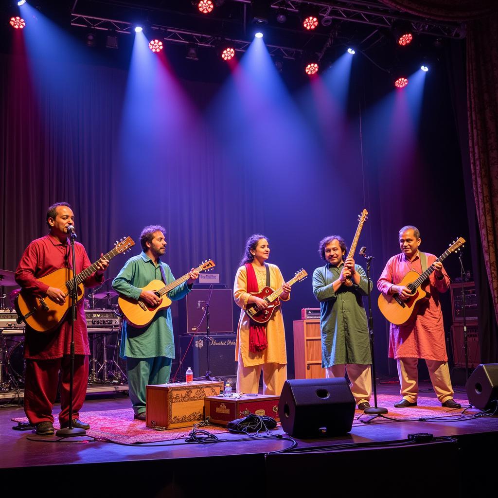 A lively Pakistani music concert featuring a variety of instruments.